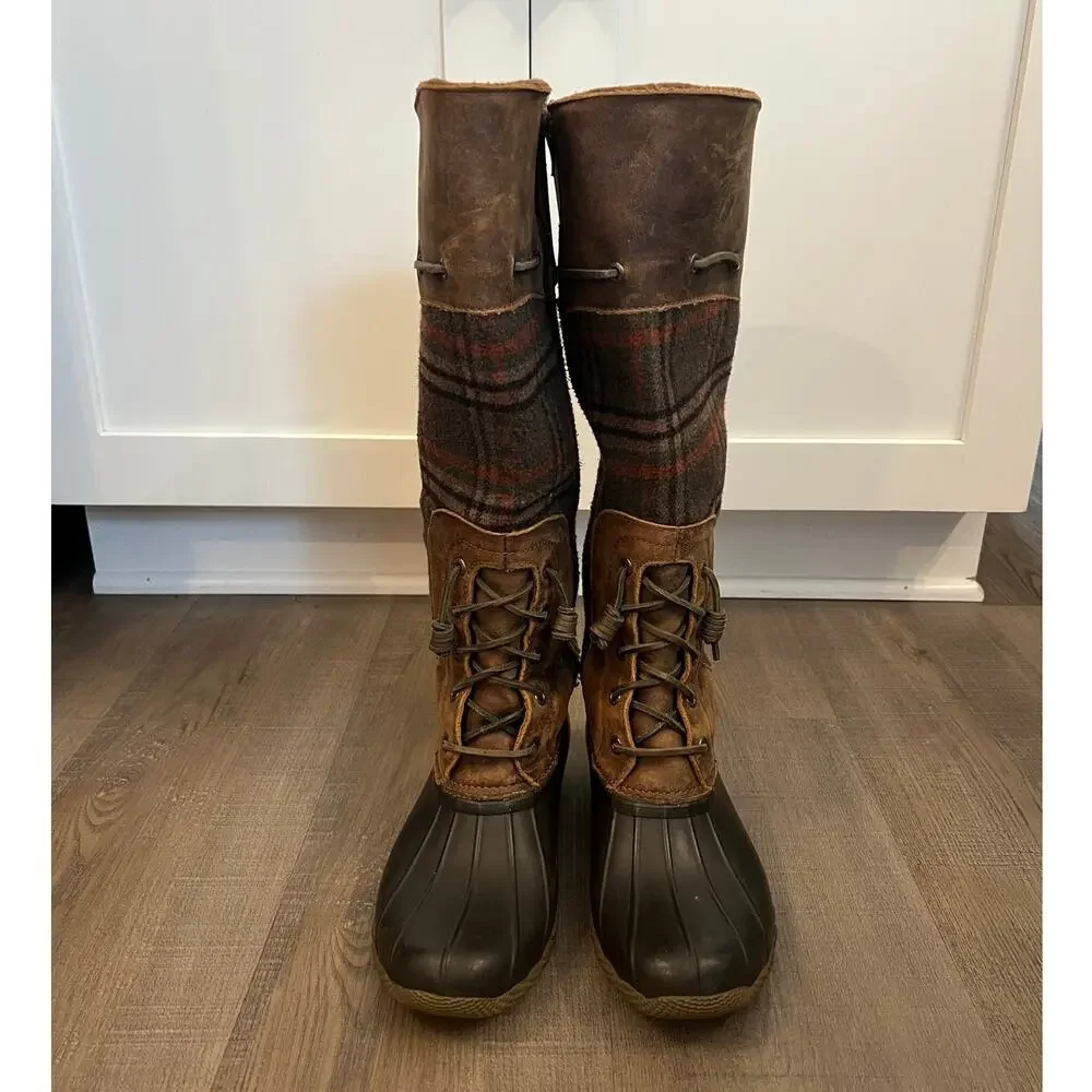 Sperry Saltwater Sela Plaid & Leather Tall Duck Boot Style